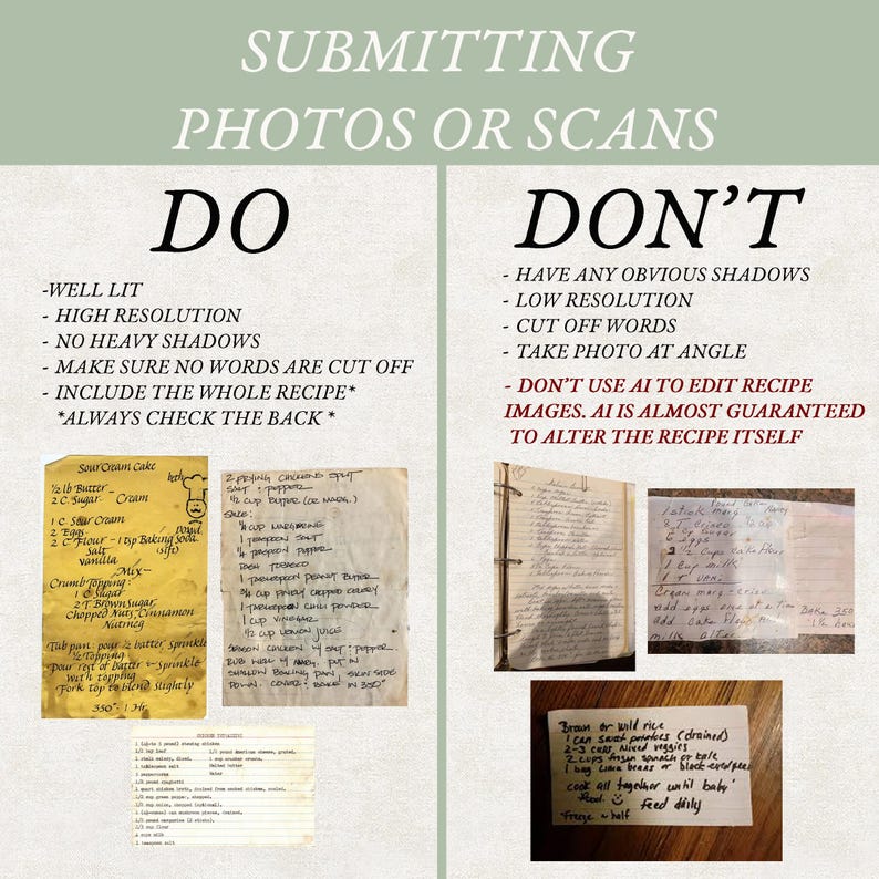 May include: An instructional infographic titled SUBMITTING PHOTOS OR SCANS with two columns labeled DO and DON'T. The DO side lists guidelines for recipe photography with examples of clear recipe cards. The DON'T side shows examples of poor quality photos.