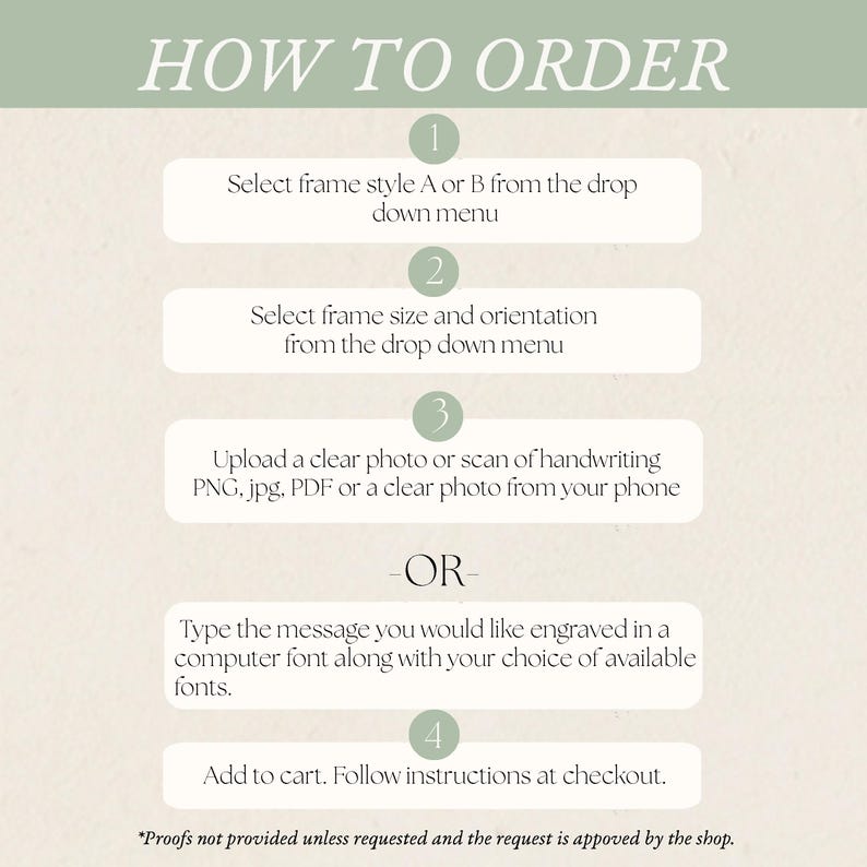 May include: An instructional graphic titled HOW TO ORDER with four numbered steps. It details selecting frame style, size, and orientation, uploading handwriting files, or typing a message for engraving, and adding the item to the cart.