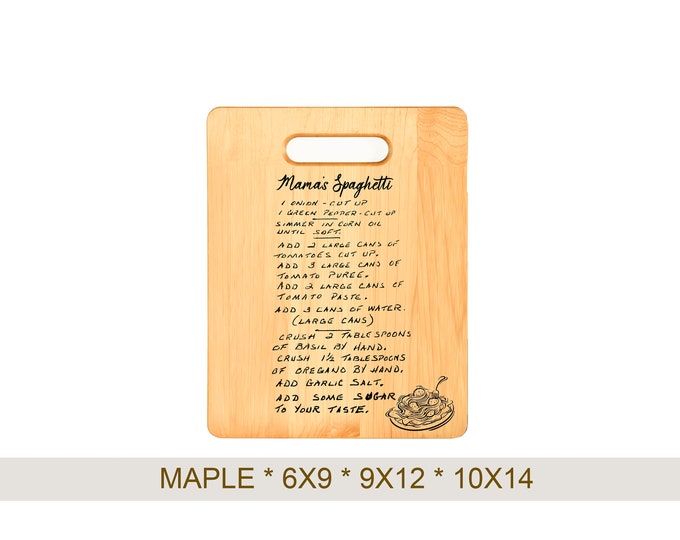 Engraved Recipe Cutting Board kitchen decor handwritten, walnut personalized handwriting, maple, Custom handwritten gift, board with handle