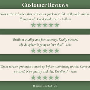 May include: A graphic display titled Customer Reviews featuring three beige rectangular text boxes on a dark green background. Each box contains a five-star rating and a customer testimonial from Gillian, Leia, and Sean. The text Hinett's Home Ltd - UK appears at the bottom.