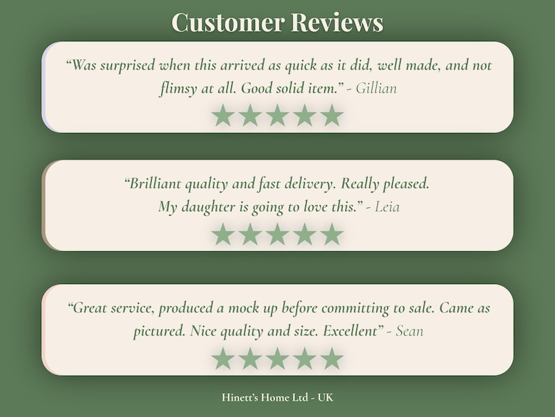 May include: A graphic display titled Customer Reviews featuring three beige rectangular text boxes on a dark green background. Each box contains a five-star rating and a customer testimonial from Gillian, Leia, and Sean. The text Hinett's Home Ltd - UK appears at the bottom.