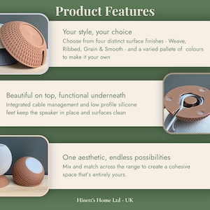 May include: A product feature graphic for a speaker stand with a weave texture. Text includes: Product Features, Your style, your choice, Beautiful on top, functional underneath, One aesthetic, endless possibilities, and Hinett's Home Ltd - UK.