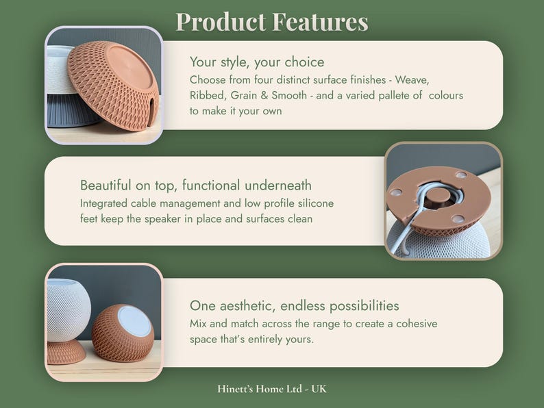 May include: A product feature graphic for a speaker stand with a weave texture. Text includes: Product Features, Your style, your choice, Beautiful on top, functional underneath, One aesthetic, endless possibilities, and Hinett's Home Ltd - UK.