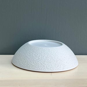 May include: A white, shallow, circular bowl with a textured exterior surface featuring a fine, rippled pattern. The bowl has a smooth, flat interior base and a wide, rounded rim, presenting a clean, monochromatic appearance throughout the object.