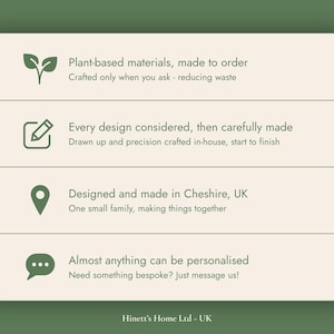 May include: A rectangular information card with a cream background and dark green text and icons. It lists four points: Plant-based materials, made to order; Every design considered, then carefully made; Designed and made in Cheshire, UK; Almost anything can be personalised. The bottom text reads Hinett's Home Ltd - UK.