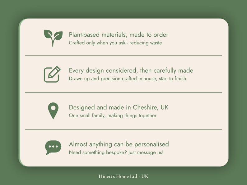 May include: A rectangular information card with a cream background and dark green text and icons. It lists four points: Plant-based materials, made to order; Every design considered, then carefully made; Designed and made in Cheshire, UK; Almost anything can be personalised. The bottom text reads Hinett's Home Ltd - UK.