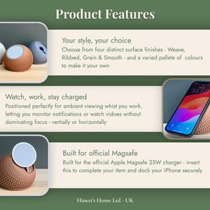 May include: A product feature graphic for a spherical charging dock. It displays three variations: a textured weave, ribbed, and smooth finish. The text highlights compatibility with Apple MagSafe 25W chargers, vertical or horizontal phone viewing, and various color options for the dock.