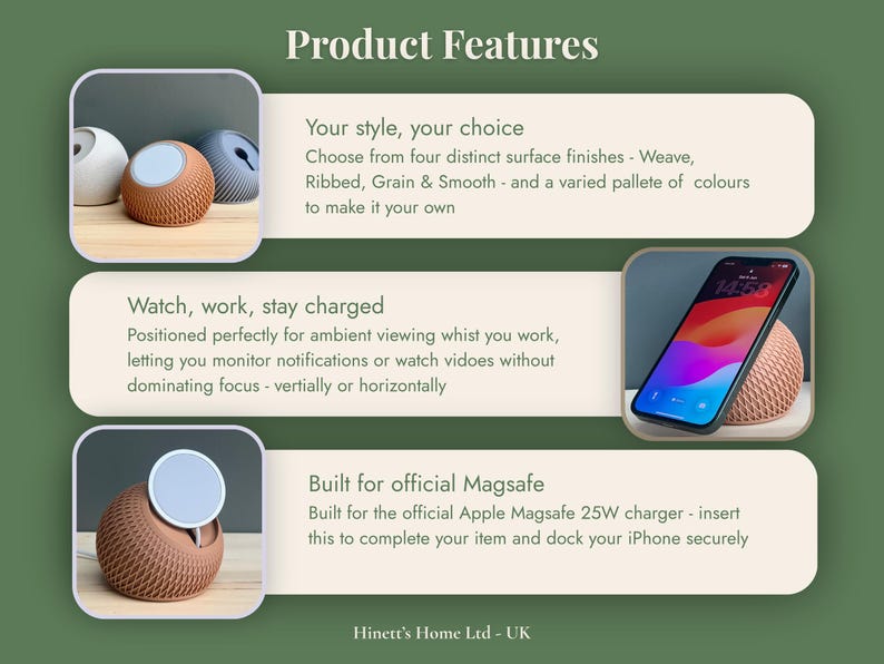 May include: A product feature graphic for a spherical charging dock. It displays three variations: a textured weave, ribbed, and smooth finish. The text highlights compatibility with Apple MagSafe 25W chargers, vertical or horizontal phone viewing, and various color options for the dock.