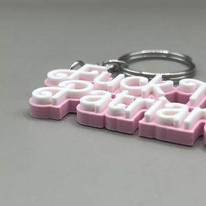 May include: A pink and white keychain with the words "Fuck Patriarchy" in a layered design. The keychain has a silver metal ring for attaching keys. The letters are white with a pink outline.