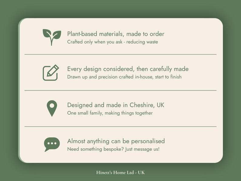 May include: A rectangular information card with a cream background and dark green text and icons. It lists four points: Plant-based materials, made to order; Every design considered, then carefully made; Designed and made in Cheshire, UK; Almost anything can be personalised. The text Hinett's Home Ltd - UK appears at the bottom.