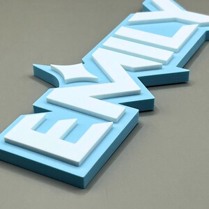 May include: A 3D sign spelling out the word "ENVY" in a layered design. The base layer is a light blue, with white letters stacked on top. The sign is angled, with the letters appearing to be slightly raised.