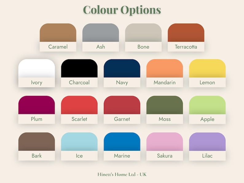 May include: A colour chart titled Colour Options featuring nineteen rounded rectangular swatches in various shades including caramel, ash, bone, terracotta, ivory, charcoal, navy, mandarin, lemon, plum, scarlet, garnet, moss, apple, bark, ice, marine, sakura, and lilac.