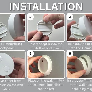 May include: Installation guide with six steps for mounting a white circular device. The steps include removing the back panel, inserting an adapter, reinstalling the panel, removing paper from sticky pads, placing the device on the wall, and attaching the device to the wall plate.