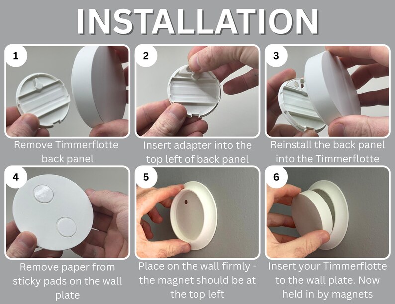 May include: Installation guide with six steps for mounting a white circular device. The steps include removing the back panel, inserting an adapter, reinstalling the panel, removing paper from sticky pads, placing the device on the wall, and attaching the device to the wall plate.