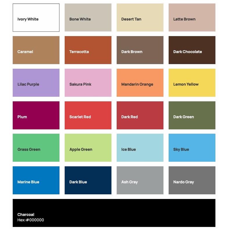 Puede incluir: Una paleta de colores con 24 muestras de color con nombres como Blanco Marfil, Chocolate Oscuro y Azul Marino. La fila inferior incluye Carb&oacute;n con el c&oacute;digo hexadecimal #000000.