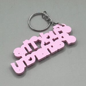 May include: A pink keychain with the word "sorry" in a stylized font. The keychain is attached to a silver metal ring. The background is a solid gray color.
