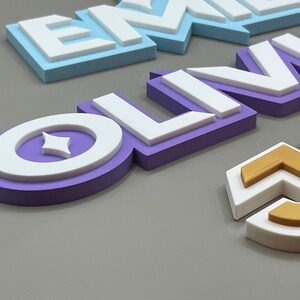 May include: Close-up of colorful, layered wooden letters spelling out names. The letters are in various colors, including blue, purple, and gold, with white accents. The letters are arranged on a gray surface.