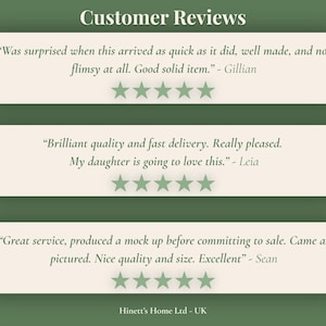 May include: A graphic display titled Customer Reviews featuring three horizontal off-white rounded rectangles on a dark green background. Each section contains a customer quote, a five-star rating in green, and a name. The text reads Hinett's Home Ltd - UK.