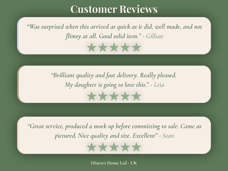 May include: A graphic display titled Customer Reviews featuring three horizontal off-white rounded rectangles on a dark green background. Each section contains a customer quote, a five-star rating in green, and a name. The text reads Hinett's Home Ltd - UK.