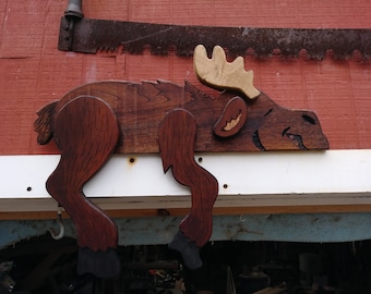 Carved Rustic Whimsical Lazy Moose shelf sitter, 8.5"