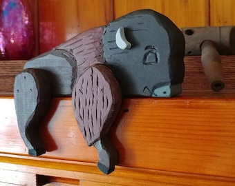 Small American animal Wooden Bison buffalo Shelf Sitter, right, 6"