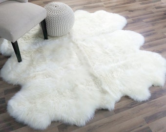 Genuine Sheepskin Rug, Six Pelt Ivory White Fur, Approx. 5ft x 6ft, Handmade