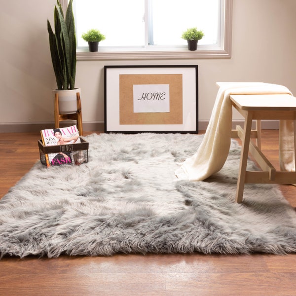 Fluffy Faux Sheepskin Shag Rug Silky Mat, 3' x 5' Rectangle