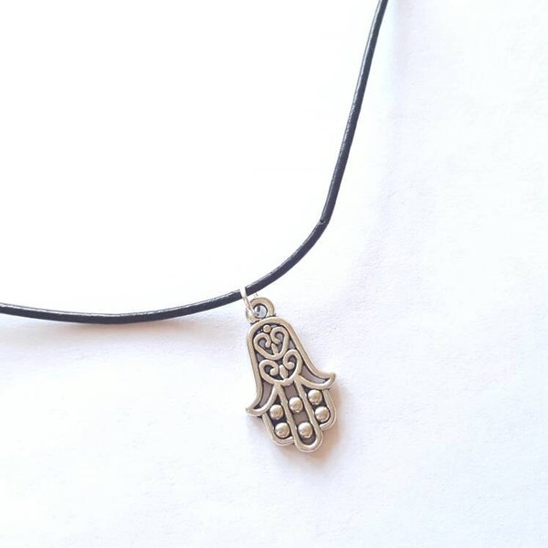 Beautiful handmade hamsa leather choker necklace