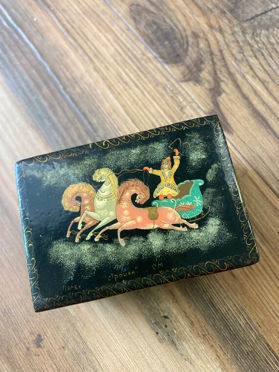 Hand Painted Black Wood Box with Horse Drawn Sleig