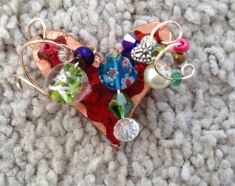 Orange Glass Heart Brooch with Wire and Bead Embellishment