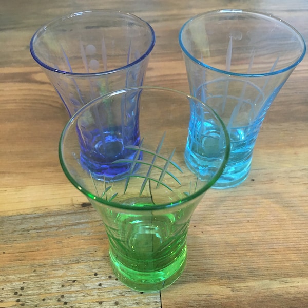 Trio of Etched Sea Glass Inspired Drinking Glasses/Bud Vases