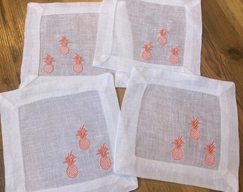 Four Bright White Linen Cocktail Napkins with Appliqué Pink Pineapples