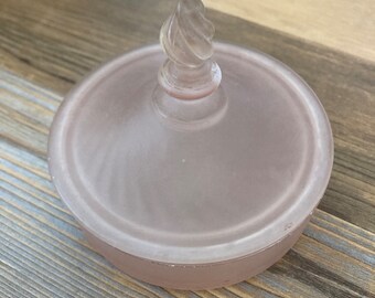 Frosted Pink Glass Trinket Dish with Lid and Twisted Handle