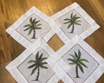 Four Linen Cocktail Napkins with Painted Palm Trees with Coconuts