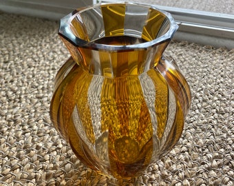 Heavy Faceted Gold and Clear Striped Plump Vase