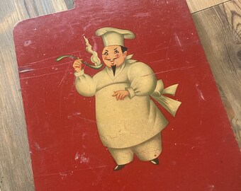 Vintage Red Wood Cutting Board with Cheerful Chef