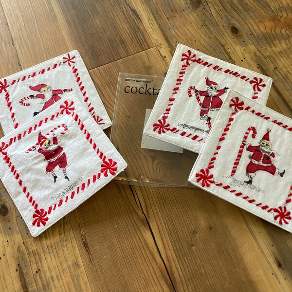 Set Boston Warehouse - 4 Serviettes Cocktail Brodées + 4 Pics - Neuf En Boîte - Motif Verres Martini