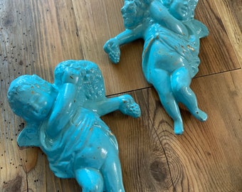 Pair of Aqua Plaster Painted Angels/Cherubs/cherubs to Hang