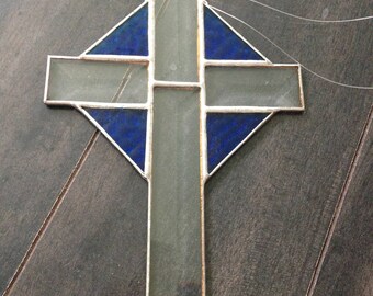 Crucifix in Textured Blue and Clear Faceted Glass Suncatcher