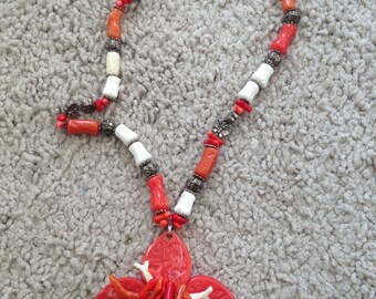 Large Shell and Silver Tone Textured Bead Necklace with Flower