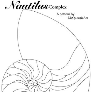 May include: A black and white line drawing of a nautilus shell. The shell is spiraled and has a complex pattern of lines. The title "Nautilus Complex" is at the top of the image, and the text "A pattern by McQueenArt" is below the shell.
