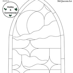 Puede incluir: Patrón de vitral en blanco y negro de un cielo nocturno con una luna creciente, nubes y estrellas. El patrón está etiquetado como "Night View" y es para uso personal y comercial.