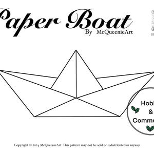 Może przedstawiać: Czarno-biały rysunek papierowego statku. Rysunek jest oznaczony jako "Paper Boat" i "Hobby & Commercial".