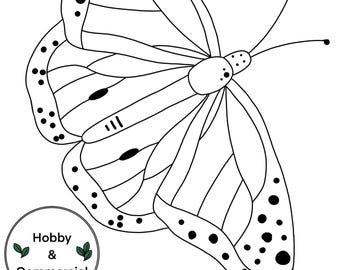 May include: Black and white line art illustration of a butterfly with spots. The butterfly is facing to the right and has its wings spread out. The butterfly has a long, thin body and a pair of antennae. The butterfly is a common symbol of beauty, transformation, and hope.