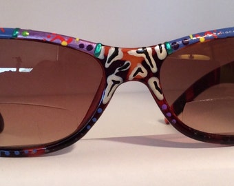 Blue Mulberry Zebra, Hand Painted Bifocal Sunglasses " ". Each pair are unique colorful and made just for you! Most strengths available