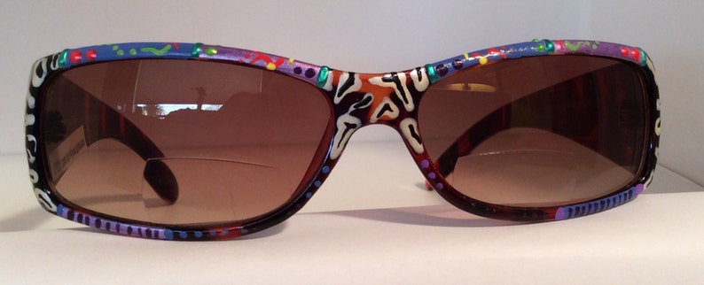 Blue Mulberry Zebra, Hand Painted Bifocal Sunglasses . Each pair are unique colorful and made just for you Most strengths available image 1