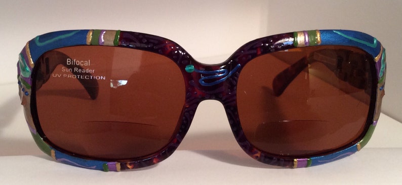 Big Verde Plums, Hand Painted Bifocal Sunglasses. Each are unique,colorful and made just for you most strengths available. image 2