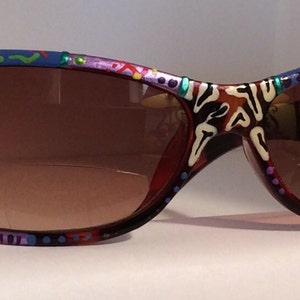 Blue Mulberry Zebra, Hand Painted Bifocal Sunglasses . Each pair are unique colorful and made just for you Most strengths available image 2
