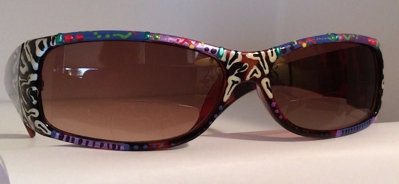 Blue Mulberry Zebra, Hand Painted Bifocal Sunglasses . Each pair are unique colorful and made just for you Most strengths available image 2