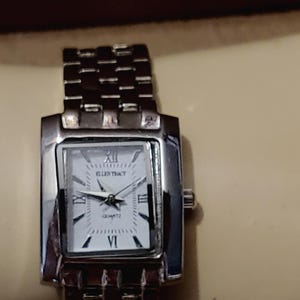 Vintage Ellen Tracy Square Face Watch Quarts Link Band Bracelet Silver Tone Metal Band Japan Movt 7.5&quot; Ladies Watch